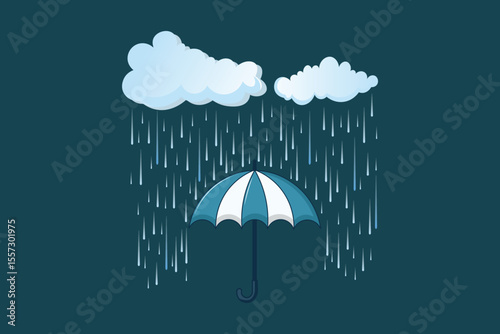 Pastel umbrella with rain drops cartoon vector, flat weather scene illustration for children’s book covers, baby room decor, rainy season prints, cute art background, and digital design
