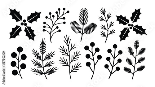 Black and White Winter Foliage Illustration Holly, Berries, and Pine Branches Design Elements