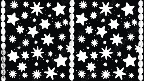Black Background with Assorted White Stars, Dots, and String of Circular Lunar Phases on Edges
