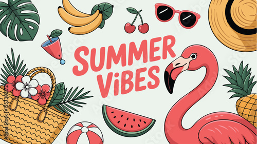 Cartoon Summer Vibes Still Life with Flamingo, Fruits, Beach Accessories, and Tropical Elements