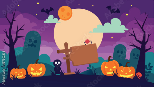 Spooky halloween night scene with pumpkins and ghosts