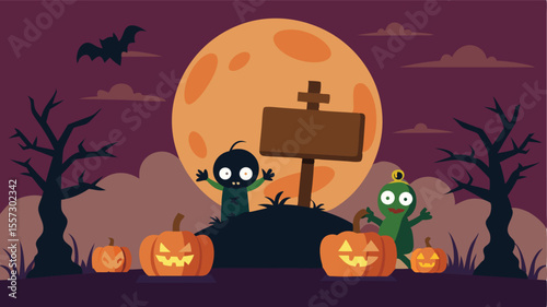 Friendly cartoon zombies and pumpkins celebrate halloween under a spooky full moon