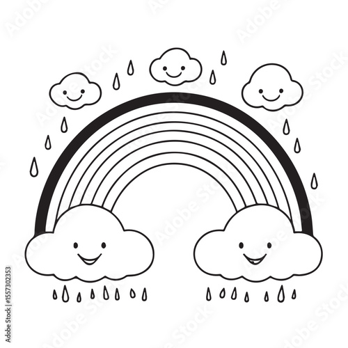 Cute black and white cartoon rainbow with smiling clouds and falling raindrops perfect for children s illustrations