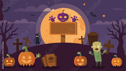 Cartoon halloween scene with zombies, pumpkins, and a spooky graveyard