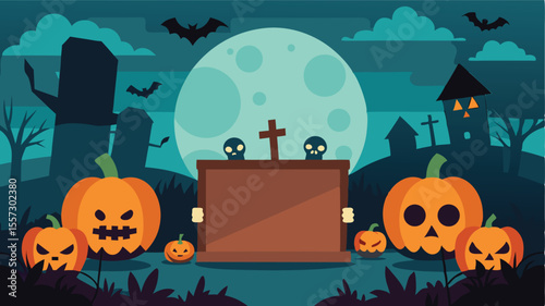 Spooky halloween scene with pumpkins and a graveyard under the full moon