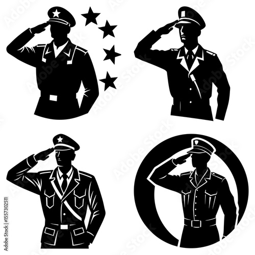 Silhouetted soldiers in uniform saluting with stars and circle designs in a vector illustration art