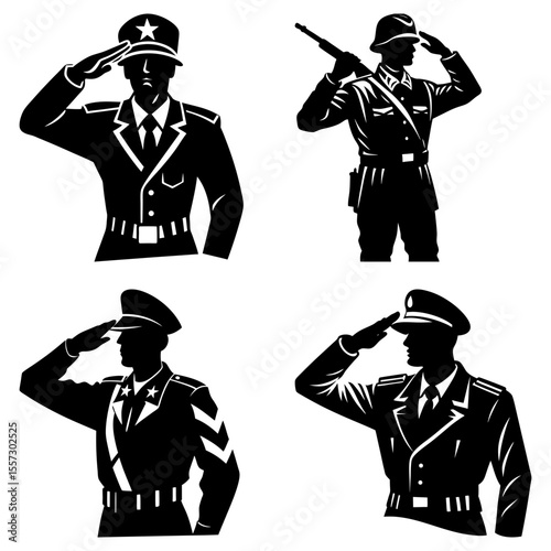 Four black and white images of soldiers in uniform saluting and holding a rifle illustration vector