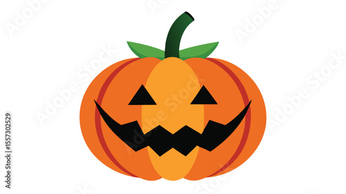A carved jackolantern pumpkin smiles, isolated on white background