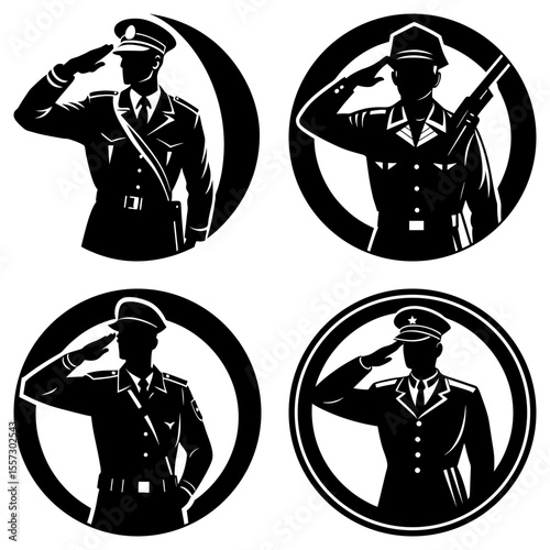 Silhouette illustrations of saluting military officers in circular emblem designs