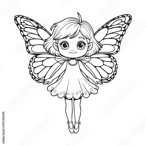 Charming black and white illustration of a cute little girl with large butterfly wings and a simple dress