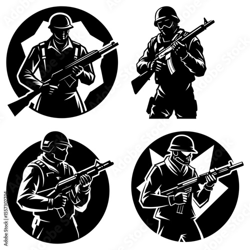 Four monochrome vector illustrations of soldiers holding rifles in circular frames with varied backgrounds