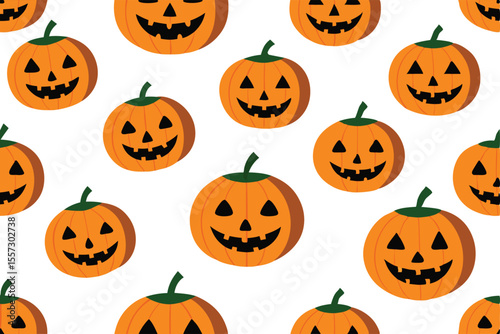 Seamless pattern of simple jackolantern pumpkins isolated on white background