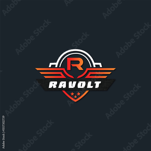 Ravolt Logo: A dynamic logo design with a bold emblem. The design prominently features the letter "R," along with stylized wings, exuding a sense of energy, professionalism, and aspiration.