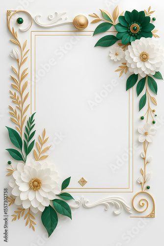 wedding invitation background, luxury paper art, 3D flower border, white and gold frame, elegant invitation template, green leaves decoration, vertical blank frame, premium greeting card