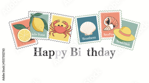 Illustrated Happy Birthday Card with Lemon, Crab, Seashell, Seafoam, and Hat Stamps Isolated