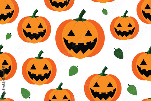 Seamless pattern of smiling jackolantern pumpkins and leaves on white background