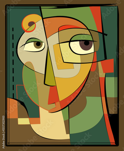 stylized face composed of overlapping shapes in earthy tones and bold outlines. The composition combines angular and curved forms to create
visual impression.