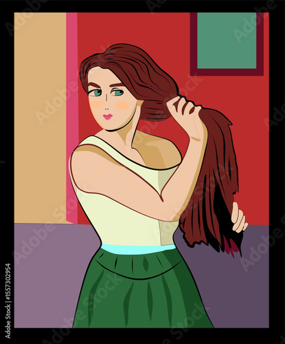 A woman with long brown hair is depicted in a colorful, stylized manner, pulling her hair to the side. Her attire includes a green skirt and a light top, set against a vibrant geometric background.