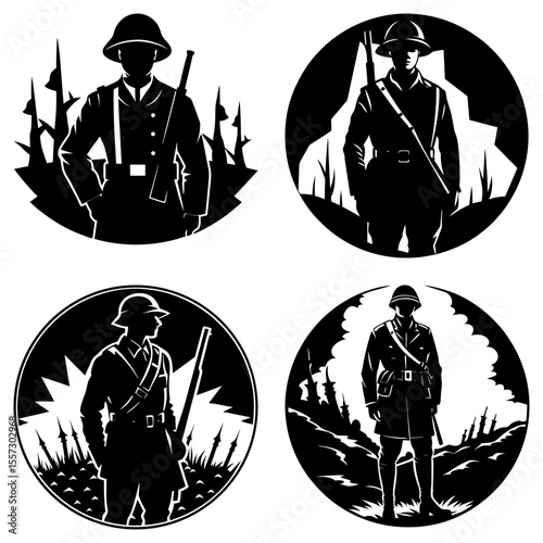 Four circular designs featuring soldiers in uniform with rifles in various battlefield settings in black and white