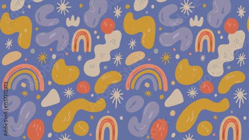 Playful Pastel Pattern Abstract Shapes, Rainbows, and Stars on a Lilac Background