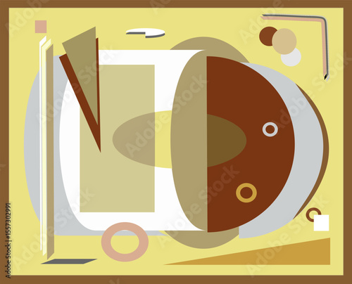 abstract, composition. The background is a muted yellow-green, complementing the brown, beige, and gray elements throughout the piece.