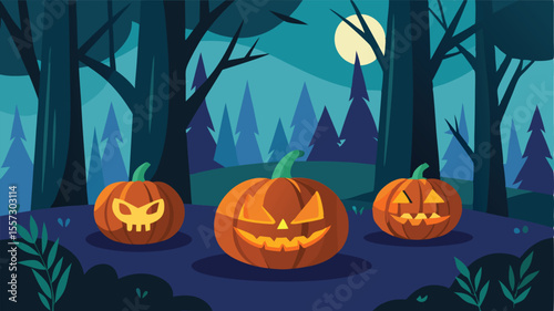 Three glowing jackolanterns in a spooky forest