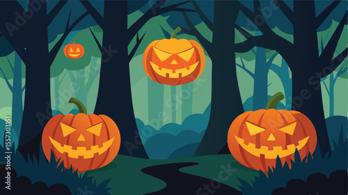 Jackolanterns hang and sit in a spooky forest