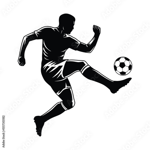Soccer player kicking the ball in dynamic silhouette black and white illustration