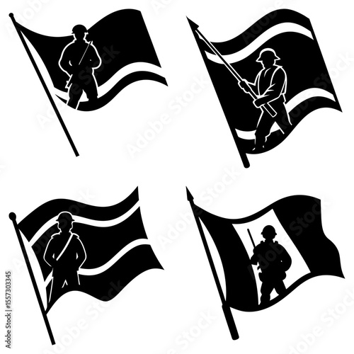 Four elegant black dresses with varying necklines and skirt styles in a vector illustration format