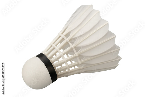 Studio shot of a badminton shuttlecock with white feathers and black base, isolated on a transparent background
