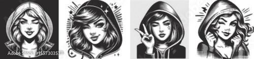 Dotted halftone stipple bundle of girl with hoodie winking, black ink illustration in retro pop art vector style, expressive female portrait for print, poster, and graphic design