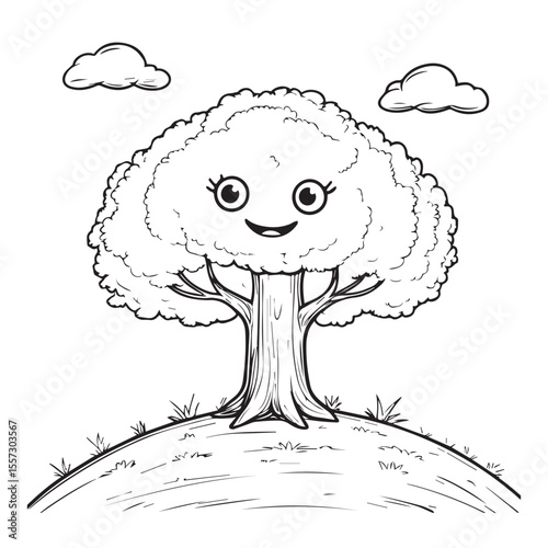 A happy smiling cartoon tree with big eyes stands on a grassy hill under two fluffy clouds in a simple line drawing