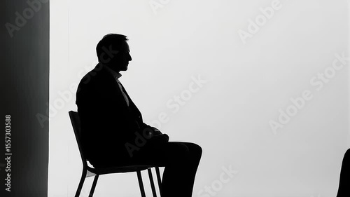 Silhouette of two men in chairs, facing each other, in a minimalist setting.