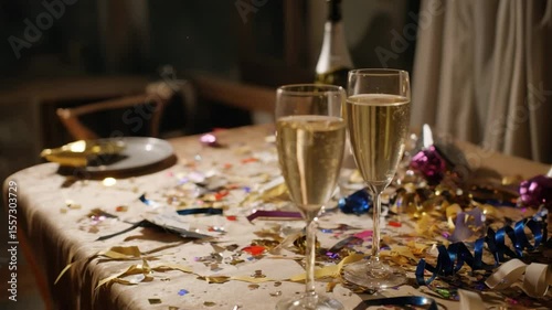 Festive morning after the celebration: two glasses of champagne and a mess of glitter and ribbons on the table. The table after the New Year's party with glasses of champagne, confetti and streamers.