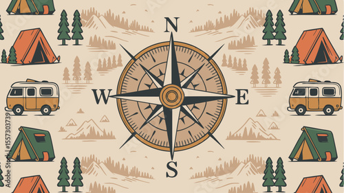 Seamless Camping Pattern Featuring Compass Rose, Tents, RV Campers, and Pine Trees Illustration