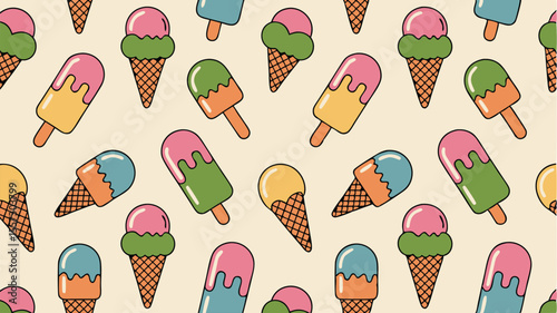 Seamless Pattern Featuring Retro Cartoon Ice Cream Cones and Popsicles on Creamy Background