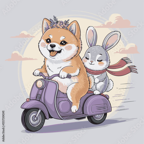 Adorable Shiba Inu Dog and Grey Bunny Riding Purple Scooter Pastel Colors Happy Cartoon Illustration