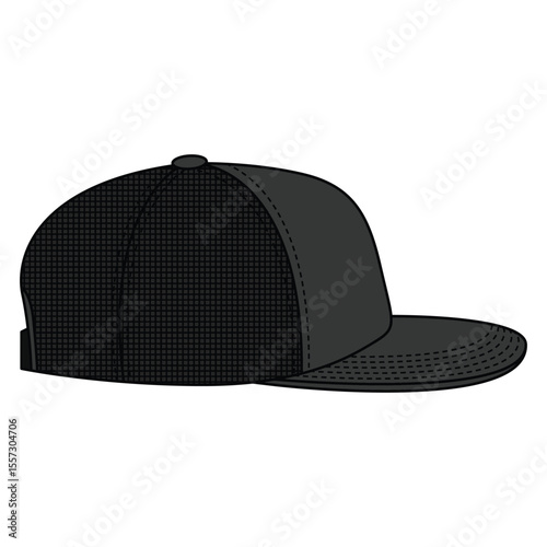 Black Trucker Hat Vector, Right Side Flat-Brim Cap Graphic for Print and Branding.