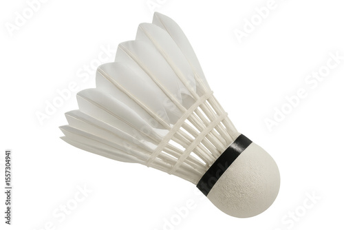 Studio shot of a badminton shuttlecock with white feathers and a rounded cork base, isolated on a transparent background