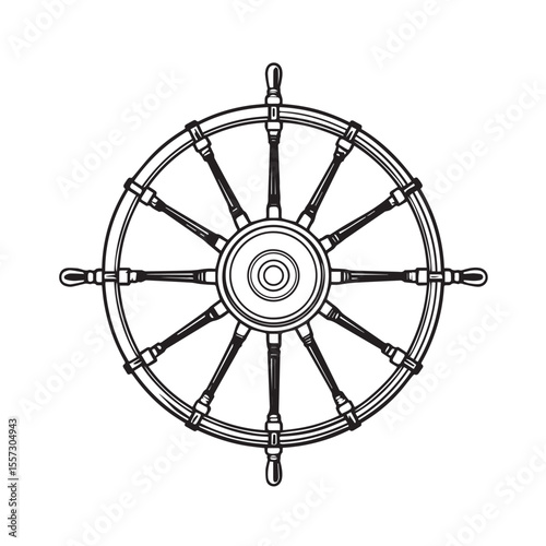 Classic ship steering wheel nautical maritime transportation control device in a bold black and white line art illustration