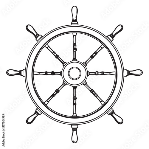 Classic nautical ship s helm with eight spokes and handles rendered in a bold black and white line drawing illustration