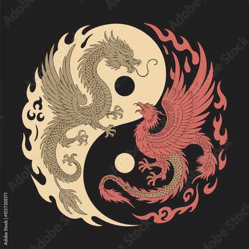 Beige Dragon Red Phoenix Yin Yang Symbol Flames Asian Mythology Art Graphic Design vector