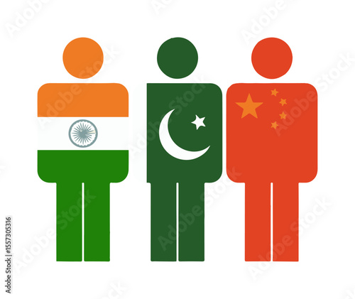 India, Pakistan, and China People Icons with National Flags