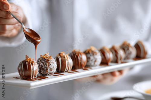Chocolatier hands meticulous delicately carefully drizzling melted chocolate over a row of truffles, captivating professional artistry action, World Chocolate Day