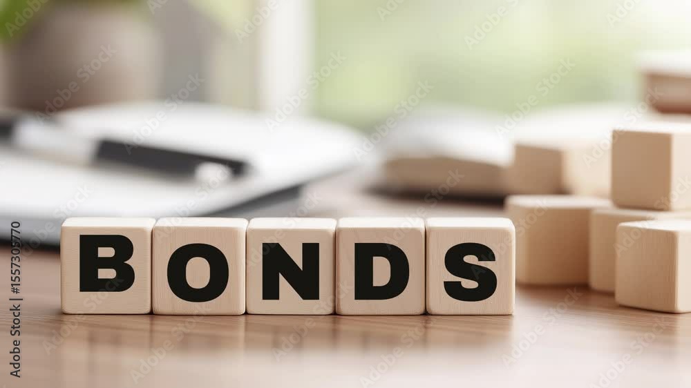A wooden block with the black letters B, O, N, D, S, on it. Bonds loop video.