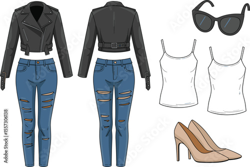  Complete stylish women's outfit flat sketch, featuring leather jacket, ripped jeans, tank top, heels, and sunglasses for fashion design.
