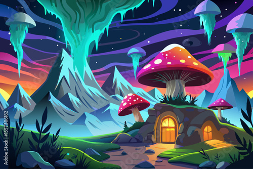 vector of Mushrooms glow under the aurora borealis in a mystical mountain landscape, the mycelium roots cave of the mountain...