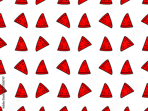 Seamless pattern of cartoon-style pizza slices arranged diagonally. The design is simple and playful, suitable for food-themed prints or packaging.
