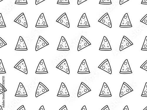 Seamless pattern of cartoon-style pizza slices arranged diagonally. The design is simple and playful, suitable for food-themed prints or packaging.