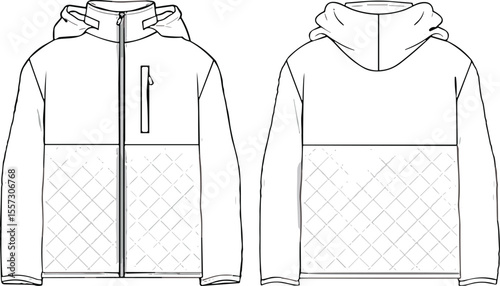  Stylish quilted panel hooded jacket technical flat sketch, perfect blank vector template for modern outdoor, casual, and athletic apparel designs.